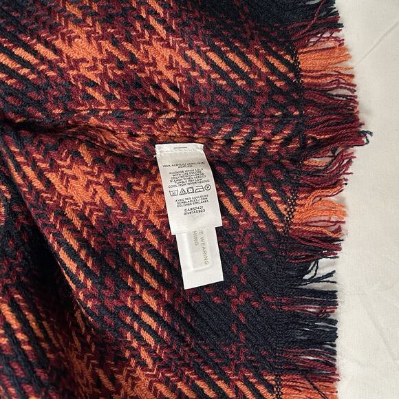 Loft Poncho Wrap Sweater Medium / Large Burgundy Blue Orange Plaid NWOT Bohemian - Picture 9 of 9